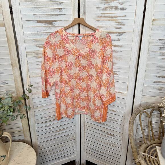 J. JILL Women's L Coral Reef Embroidered Tunic Top Linen Orange Cream Beachy - Picture 16 of 16